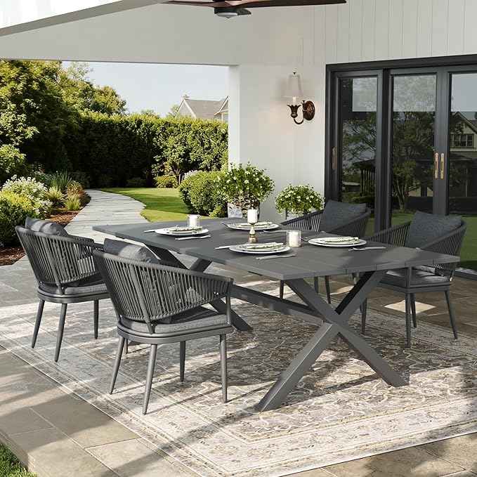LayinSun 5 Piece Outdoor Dining Table Set, Aluminum Modern Rectangular Dining Table and All-Weather Wicker Chairs Set for Patio Deck Indoor Decor Kitchen