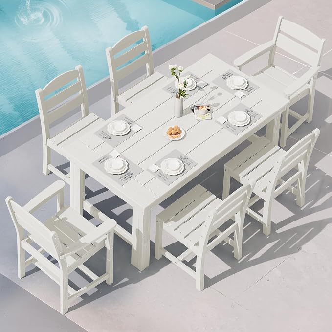 SERWALL HDPE Outdoor Dining Table and Chairs Set for 6 | with Armless Chair Seat