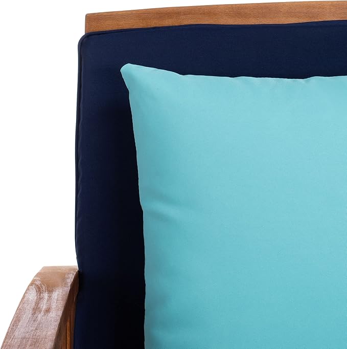 SAFAVIEH Outdoor Collection Rocklin Natural/ Navy Cushions/ Light Blue Pillows 4-Piece Conversation Patio Set