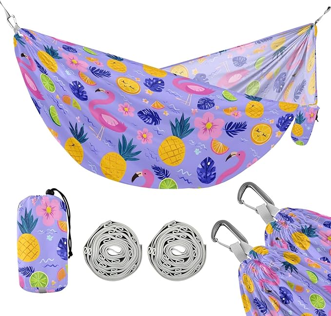Camping Hammock Outdoor Hammocks for Outside Flamingo Pineapple Violet Beach Trees Portable Lightweight with Pockets Tree Straps Indoor
