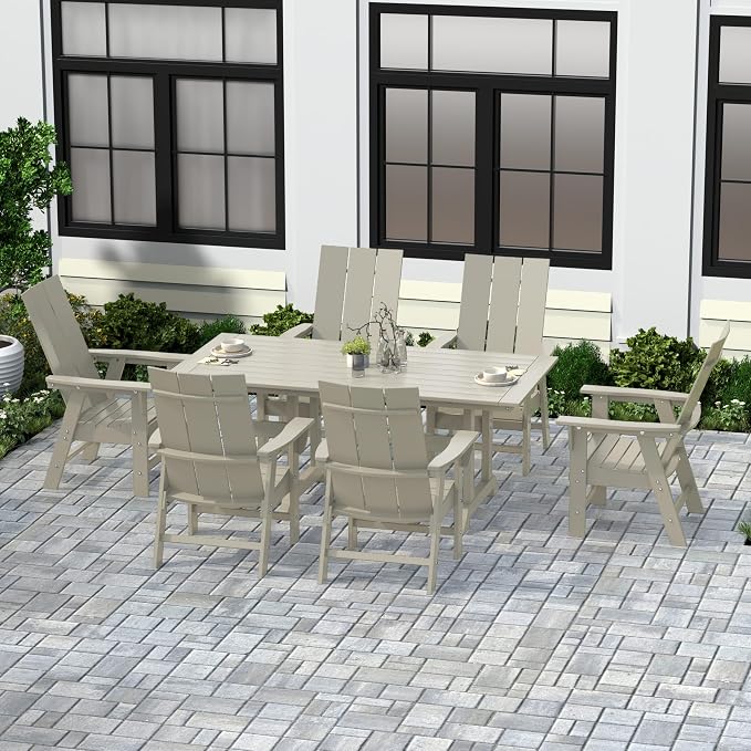 WestinTrends Ashore 7 Pieces Adirondack Outdoor Dining Set, All Weather Poly Lumber Slatted Modern Farmhouse Outdoor Furniture Set, 71" Trestle Dining Table and 6 Adirondack Dining Chair, Sand