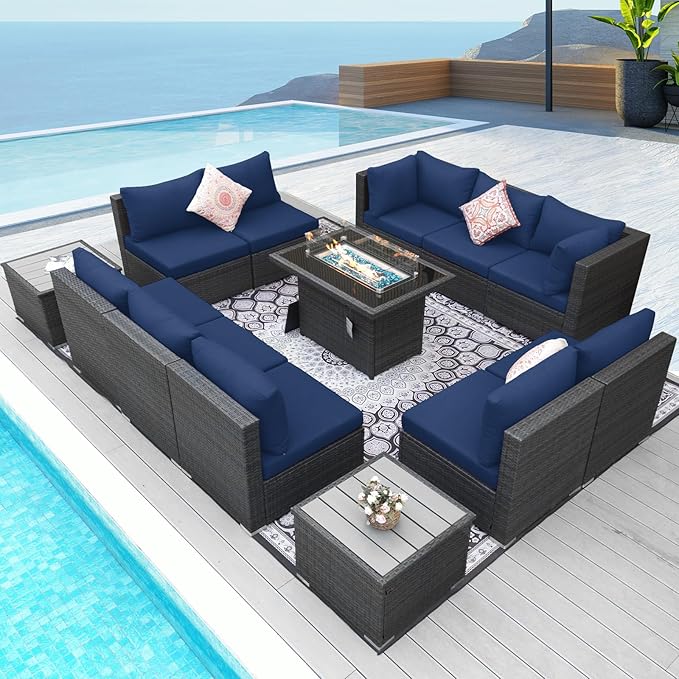 NICESOUL 13 Piece Outdoor Sectional Furniture with Firepit, Contemporary Back Yard Fireplace w/Seating Area, Plus Size 29.3'' High Back Patio Set, All-Weather Wicker Couch for Exterior, Gray & Blue