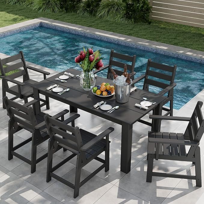 GREENVINES 7 Piece HDPE Outdoor Patio Dining Set, Removable Armrests, Black