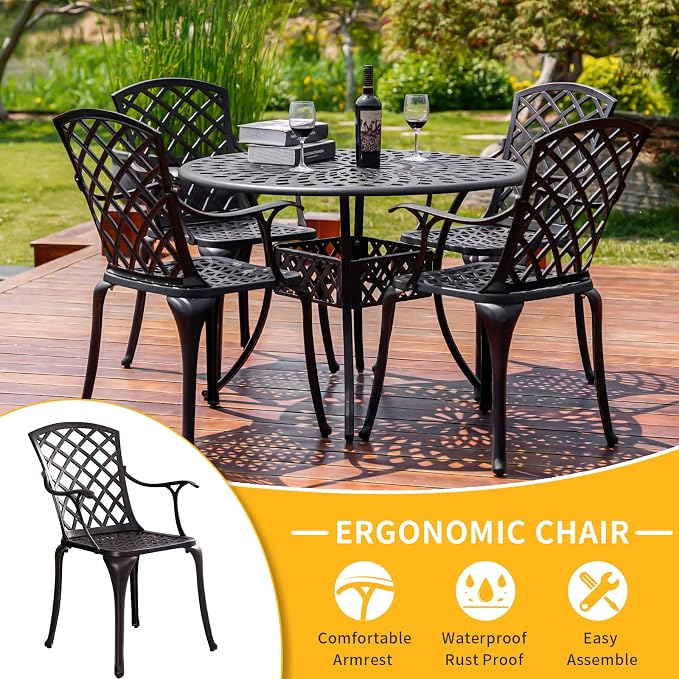 5 Pieces Outdoor Patio Dining Set, Cast Aluminium Patio Furniture Set with 4 Chairs Round Table, Anti Rust Outdoor Dining Set with 1.97" Umbrella Hole for Garden, Porch and Poolside, Bronze