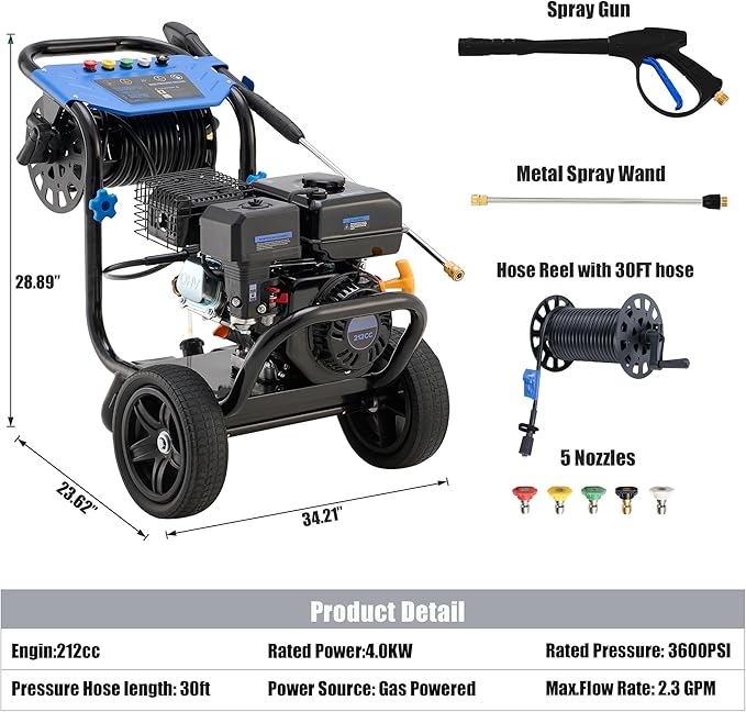 Gas Pressure Washer 3600 PSI with Hose Reel, 2.3 GPM Heavy Duty High Power Washer, 212CC Engine with 30FT Hose, Axial Aluminum Pump, Soap Tank, 5 Quick Connect Nozzle, 3.6L Gas Tank (Navy Blue)
