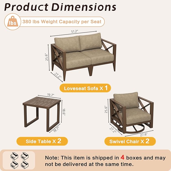 MBY Patio Furniture Set with Swivel Rocking Chairs & Coffee Table – 4-Seat Aluminum Outdoor Conversation Set, Weather-Resistant for Balcony, Poolside, Garden – Brown