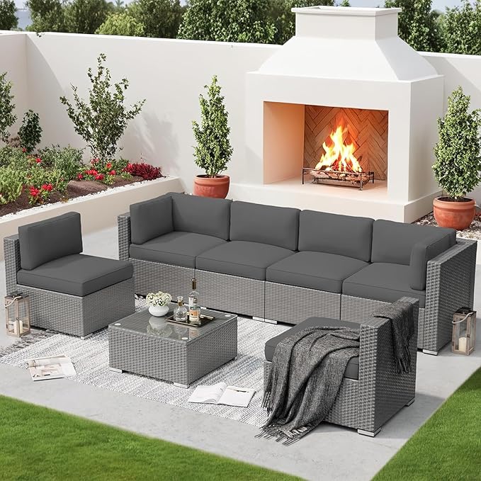 SUNCROWN 7-Piece Outdoor Patio Furniture Set All-Weather Outdoor Sectional Sofa Grey Wicker Conversation Sofa Set with Coffee Table and Cushions,Dark Grey