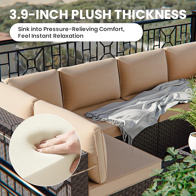 11 Pieces Outdoor Patio Furniture Set,Outdoor Sectional Furniture with 45" 55000 BTU Gas Propane Fire Pit Table,PE Rattan Wicker Patio Conversation Set,Swivel Rocking Chairs Set,Sand