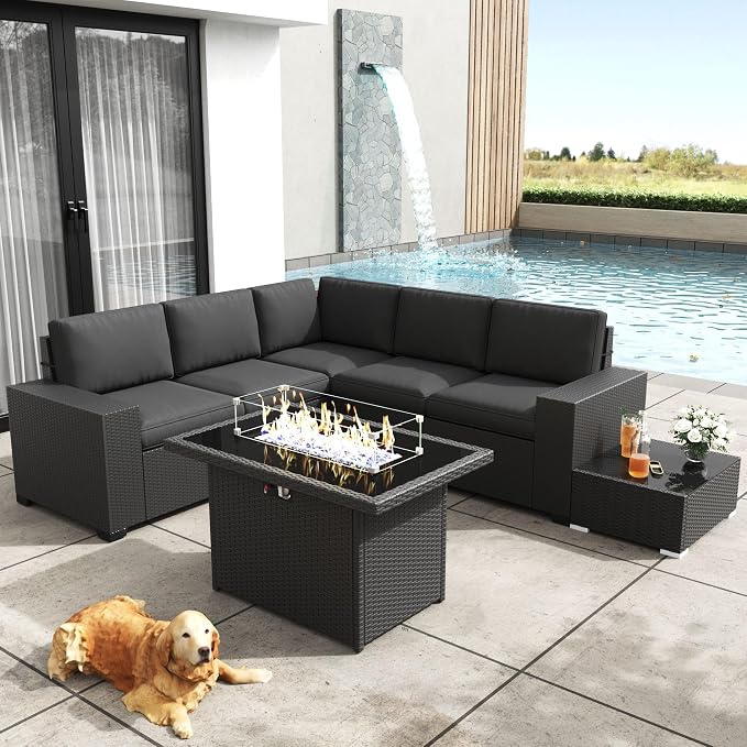 Patio Furniture Set with Fire Pit Table, 7 Pieces Outdoor All-Weather Wicker Conversation Sectional Chair Sofa Set