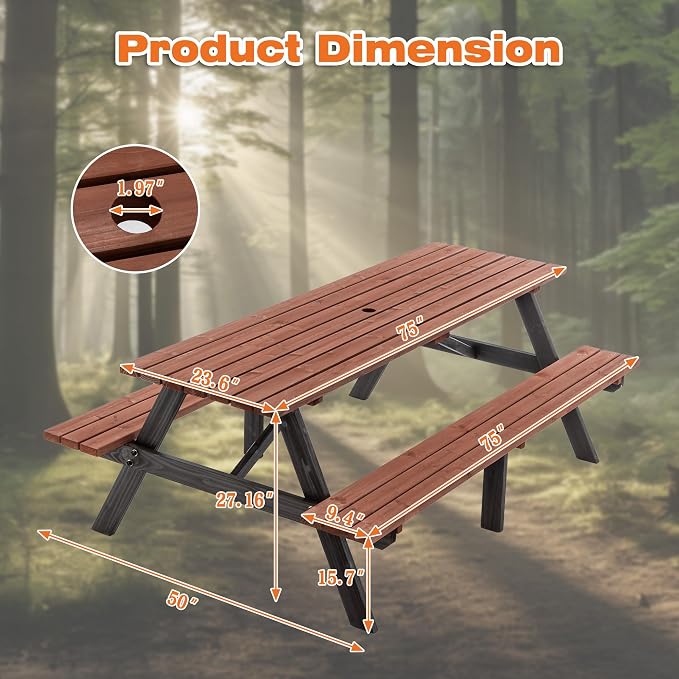 Hohuqeri Wood Picnic Table, 75” Tabletop with Umbrella Hole, 8 Person Outdoor Wooden Picnic Table Bench Set for Patio, BBQ, Dining
