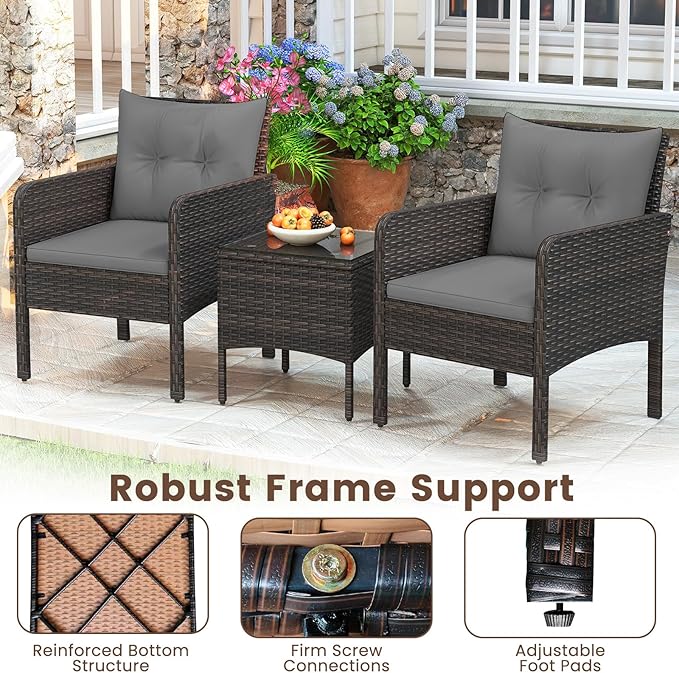 HAPPYGRILL 3 Piece Patio Bistro Set Rattan Wicker Outdoor Conversation Set with Cushions and Coffee Table, Outside Furniture with Rattan Chairs for Porch, Balcony, Deck and Garden (Gray)