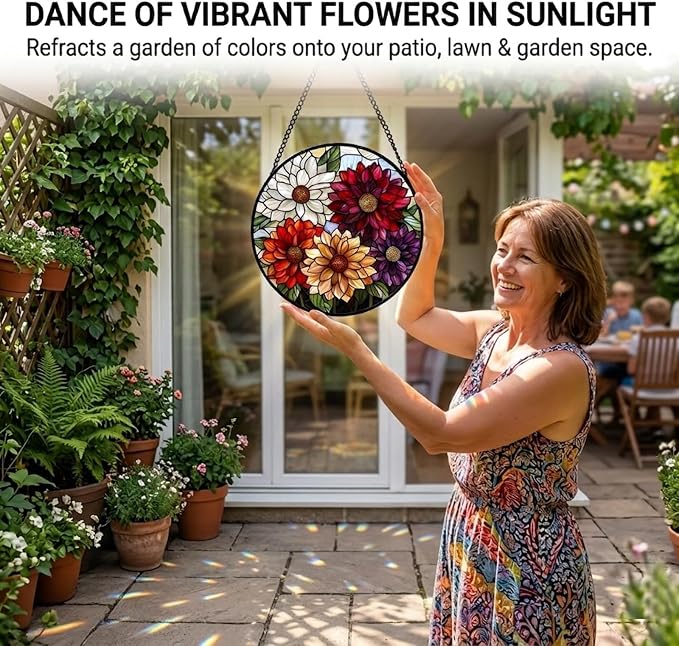 Birthday Gifts for Women - Colorful Flowers Faux Stained Glass Window Hanging Sun Catcher for Door Garden Acrylic Decor Mother's Day Christmas for Mom Nana Grandma Sisters Wife 6.3"