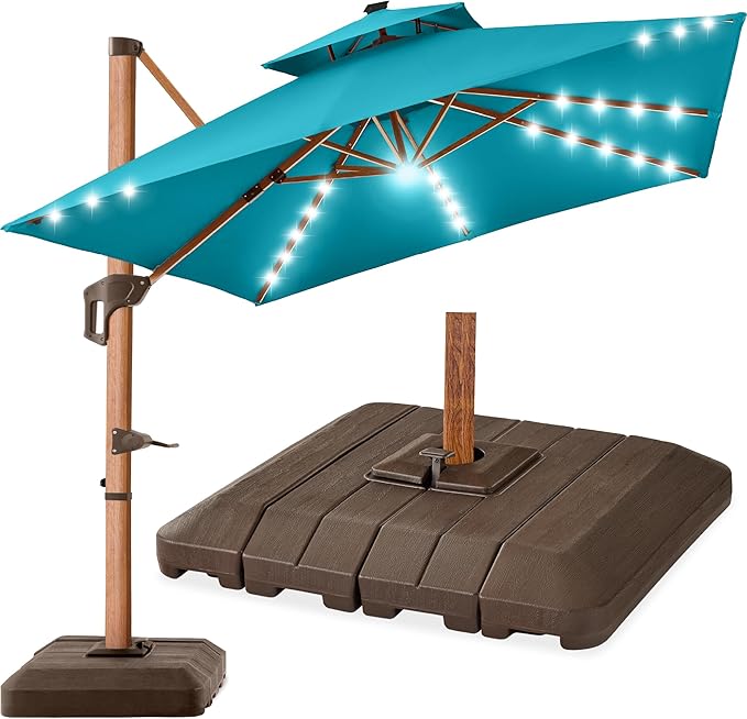 Best Choice Products 10ft Square Cantilever Patio Umbrella w/Base Included, Woodgrain Pattern Pole & Solar LED Lights, 360-Rotation, Offset Hanging Outdoor Shade
