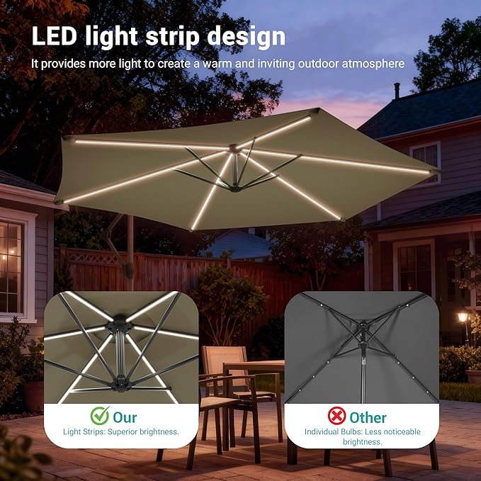 10ft Offset Patio Umbrella with Solar Light Strips,Outdoor Cantilever Hanging Umbrella with Cross Base, Fade Resistant Recycled Fabric, for Pool, Deck, Garden,Backyard,