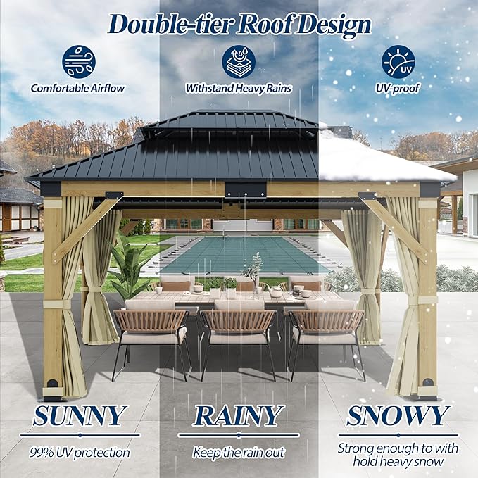 COVERONICS 11FT x 13FT Outdoor Wood Gazebo - Patio Wooden Gazebo with Galvanized Steel Hardtop, Heavy-Duty Double Roof Gazebos with Netting & Curtains for Garden, Poolside, Deck, Backyard