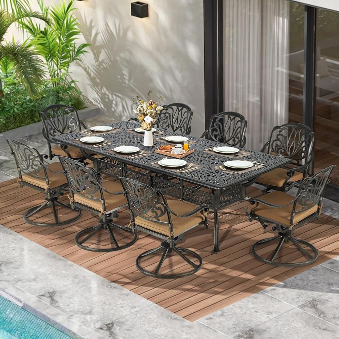 MEETWARM 9-Piece Outdoor Patio Dining Set for 8, All Weather Cast Aluminum Patio Funiture Table and Chairs Set- 94.5” Rectangular Table and 8 Cushioned Swivel Rocker Chairs, 2" Umbrella Hole, Khaki