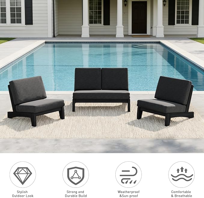 Pia Ricoo 4 Piece Patio Furniture Sets, Outdoor Loveseat Sofa Set with 2 Chairs & Coffee Table, Patio Conversation Set for Backyard, Deck, Lawn, Drak, Dark Wood