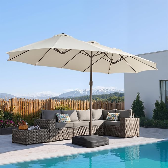 15Ft Patio Umbrella - Large Beach Umbrella W 12 Sturdy Ribs,UPF50 Outdoor Table Umbrella,Picnic Market Umbrella W Base Crank Handle for Pool,Yard,Garden