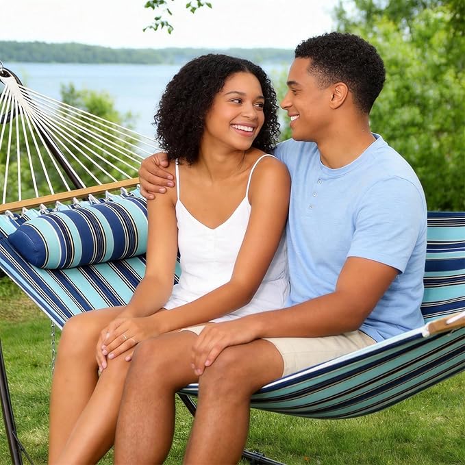 Ferrisland Double Hammock for Outside, Blue Green Striped Soft Hammock for Indoor Outdoor Patio Yard Garden and Balcony, 550 lbs Weight Capacity Portable Hammock with Carrying Bag (Blue Green Striped)