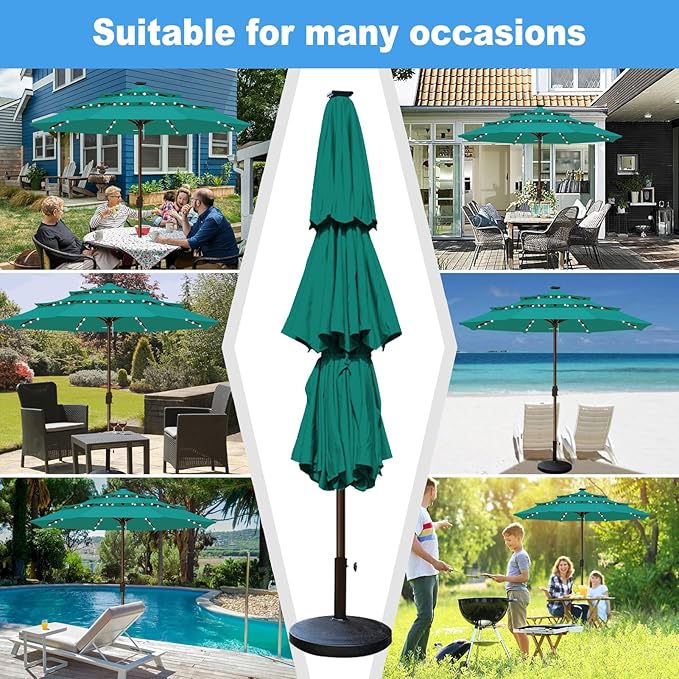 Eurmax USA 10-Year-Non-Fading 10FT 3-Tier Outdoor Patio Market Umbrella with LED Lights,UPF50+ UV Resistant,Commercial Grade,Crank Lift Design,Windproof Vented Top for Garden,Pool,Deck,Teal