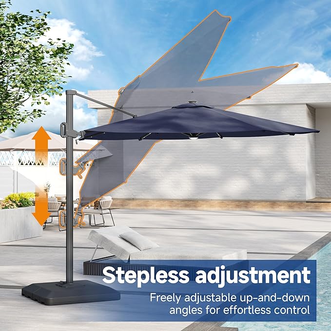 FLAME&SHADE 11ft Cantilever Patio Umbrella with Base, Round Offset Umbrella with Solar Light Strips, Large Heavy Duty Outdoor Aluminum 360° Rotation,for Deck,Pool,Backyard