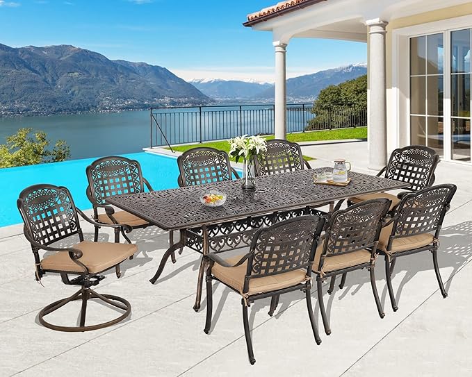Grepatio 9 Piece Cast Aluminum Patio Furniture Set Outdoor Dining Set Bistro Furniture Set with 6&2 Swivel Chairs and Table with Umbrella Hole, 8 Cushions for Backyard Garden Poolside (Grid Khaki)