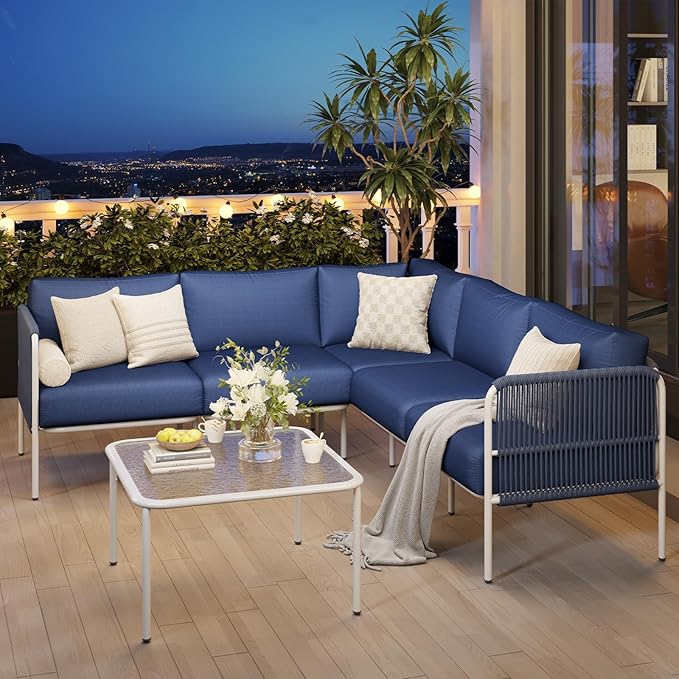 Patio Furniture Set, 6 Pieces Outdoor Couch Sectional, L Shaped Patio Set with PE Rope, Coffee Table, Waterproof Extra-Thick Cushions, Outdoor Seating Conversation Set for Balcony, Garden, Backyard