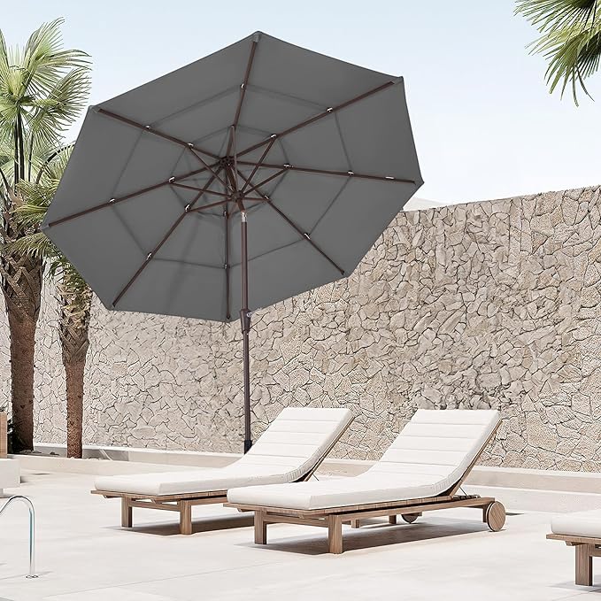 JEAREY 9FT 3 Tier Patio Umbrella Outdoor Market Umbrella Table Umbrellas with 8 Ribs 1.5 Pole Push Button Tilt and Crank UV Protection for Garden,Backyard,Gray