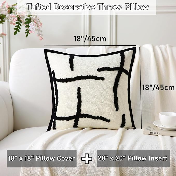 Boho Decorative Throw Pillows with Inserts, 18" x 18" Soft Tufted Modern Chenille Pillow, Pillows for Home, Patio, Couch, Bedroom, Living Room (Black Lines - Cream White Background)