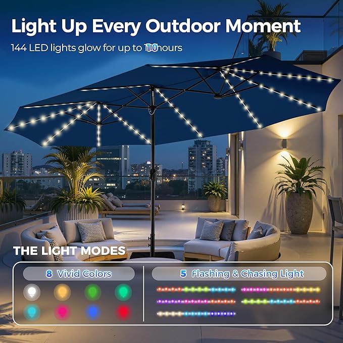 SUPERJARE 15ft Large Patio Umbrella with Base included, Double Sided Outdoor Umbrella with Solar Lights, Pool Umbrella with Fade Resistant Canopy for Deck, Porch, Yard, Balcony, Navy Blue