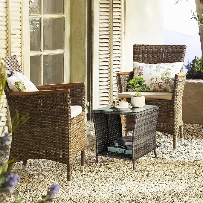 18" Patio Rattan Wicker Side Tables,Outdoor Square Wicker End Table,Waterproof Patio Coffee Side Table,Outside Storage Coffee Tables,with Glass Top,for Garden Porch Poolside Deck Backyard (Grey)
