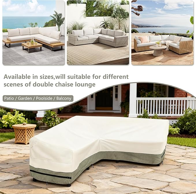 okcool Outdoor Sectional Sofa Cover Waterproof V Shaped Patio Furniture Covers for 5-Seater Outdoor Sectional Furniture Couch 85"(85''L) x 33.5''D x 31''H,White&Grayish Green