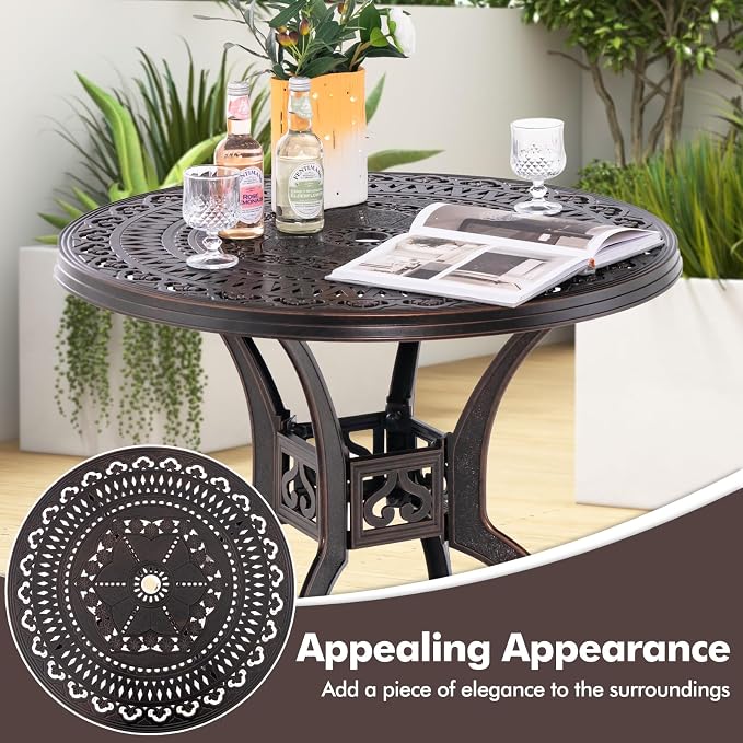 Giantex 31.5" Patio Bistro Table, Cast Aluminum Table Side Table with 2" Umbrella Hole & Adjustable Footpads, All-Weather Metal Outdoor Round Dining Table for Porch, Backyard