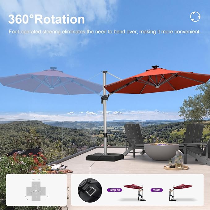 PURPLE LEAF Cantilever Umbrella with base 10ft Outdoor Round Patio Solar Powered LED Umbrella with 360-degree Rotation for Garden Deck Pool Patio, Brick Red