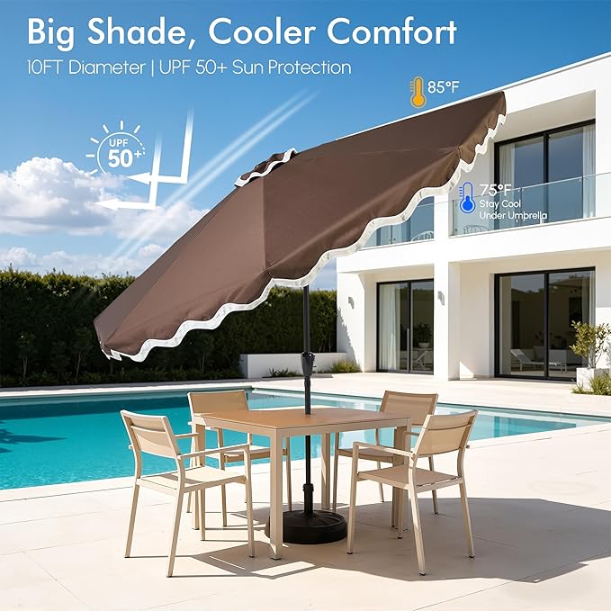 Weaxty 10FT Patio Umbrella, Trendy Color Scalloped Edge, UV-Resistant Canopy Outdoor Table Market Umbrella, Tilt Adjustment, Crank, Heavy-duty 8 Ribs for Backyard Poolside Deck Beach Lawn Backyard