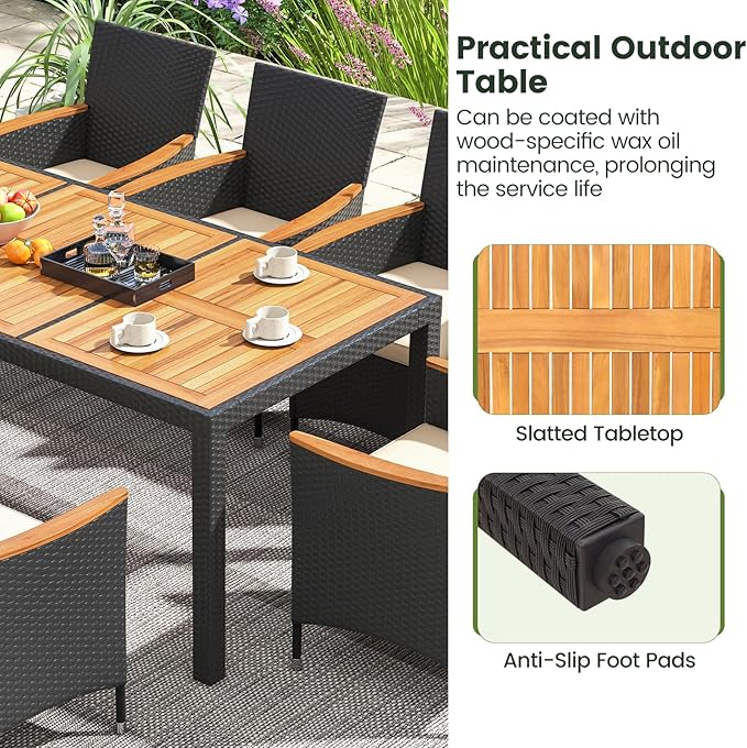 Tangkula 11 Pieces Patio Dining Set with Double-Sided Led Patio Umbrella (Base Included), with 8 Stackable Chairs, Acacia Wood Dining Table and Large Umbrella with Solar Lights (Turquoise + Off White)