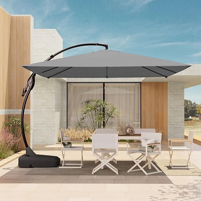 Grand patio 10x10 FT Patio Offset Umbrella, Large Square Aluminum Cantilever Umbrella Base Included for Deck Porch (Gray, 10x10 FT)