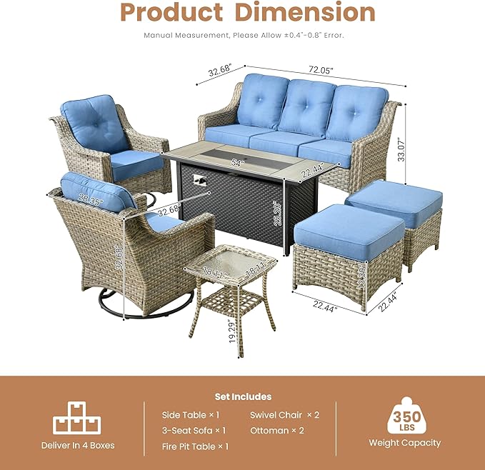 HOOOWOOO Patio Furniture Set,7 Pieces Wicker Outdoor Furniture,High Back Conversation Set with All Weather Resistant Fire Pit Table Couch Swivel Chairs Ottomans,Diamond Blue