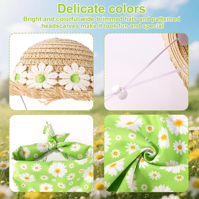 Lyreh Summer Porch Goose Outfits, Hawaiian Daisy Pastoral Style Goose Clothes Set Straw Hat & Bandana Scarf Costume for 23/17" Lawn Statue for Outdoor Garden Yard Patio Decor Accessories