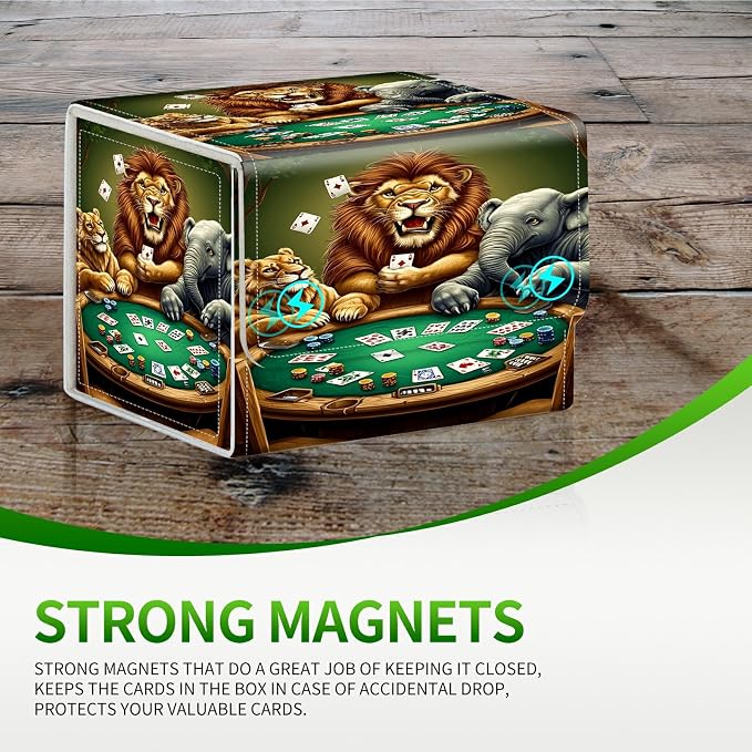 Card Deck Box for MTG, Cards Storage Box Fits 120+ Sleeved, Leather Small Size Strong Magnetic Closing Card Case for Board Games Magic TCG CCG Baseball Collection, Elephant Lion