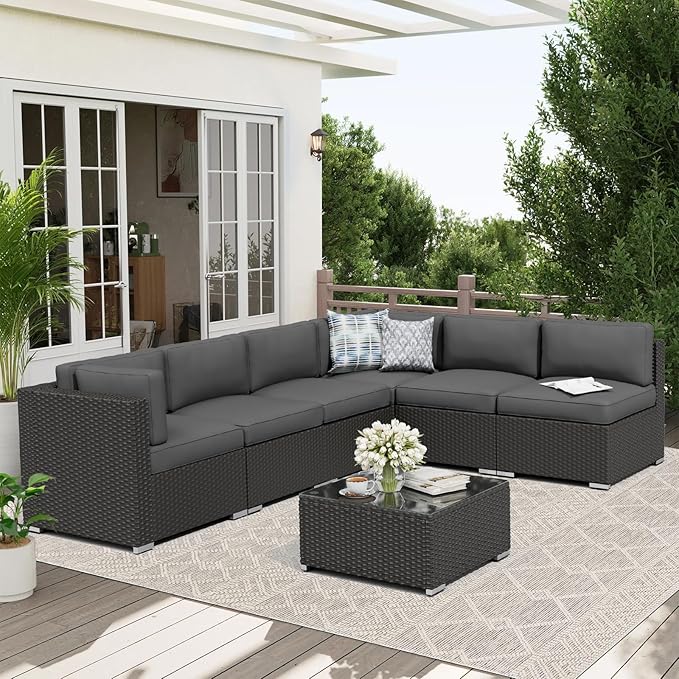 Oakcloud 7-Piece Outdoor Black Rattan Wicker Sectional Conversation Sets Patio Furniture Sofa Set with Cushions and Glass Top Table(Grey)