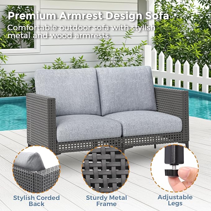 Outdoor Patio Sofa Conversation Set–Rattan 4 Seats Comfortable Couch for Garden, Yard, Weatherproof–Includes Glass Table, Armless Chairs, and Two-Seater Sofa
