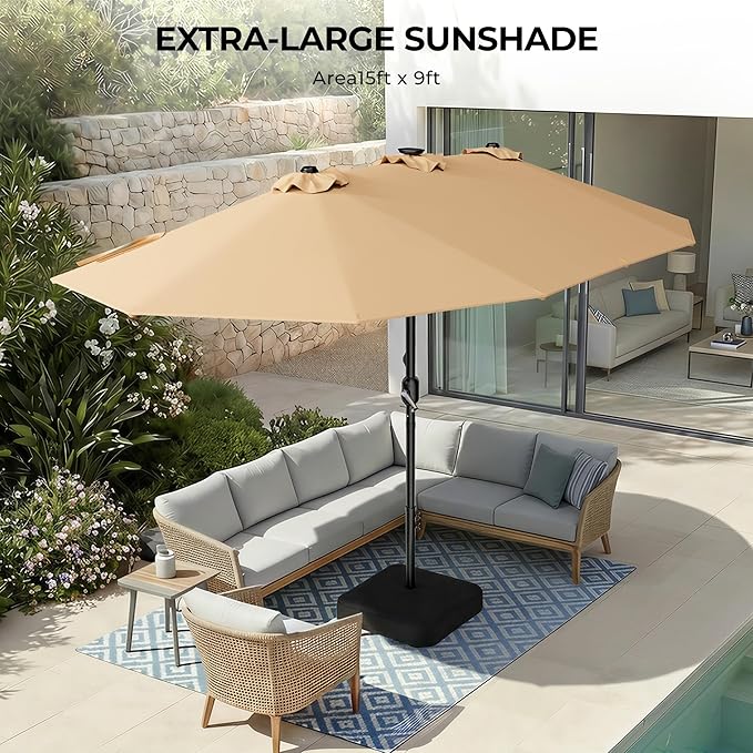 HOMSHADE Double Sided Patio Umbrellas with Base - 15ft RGB Multi-Color Flowing LED Lights Outdoor Extra Large Market Table Umbrella w/Stand, Oversized Umbrella for Deck, Pool, Backyard,Beige