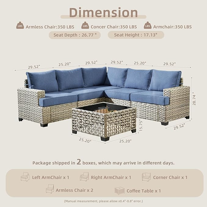 Outdoor Sectional Patio Furniture Set,6 Pieces Wicker Conversation Sets L Shaped Couch,Outdoor Sofa Outside Furniture with Solar-Powered Coffee Table(Light Blue)