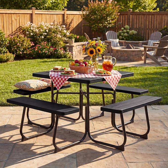GYMAX Picnic Table Bench with Umbrella Hole, 8 Person Square Outdoor Picnic Table with Metal Frame & HDPE Tabletop, Camping Table for BBQ Yard Patio, 2300LBS Capacity (Black)
