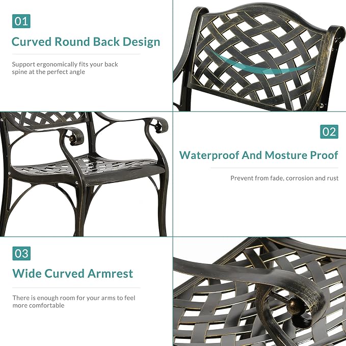MEETWARM 3 Piece Patio Bistro Set, Outdoor All-Weather Cast Aluminum Dining Furniture Set Includes 2 Chairs and a 35.4” Round Table with Umbrella Hole for Garden Deck