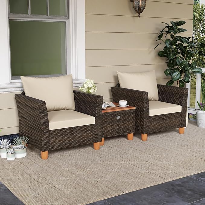 Tangkula 3 Piece Patio Furniture Set, Patiojoy Outdoor PE Wicker Bistro Set with Soft Cushions and Solid Acacia Wood, Outdoor Conversation Set with Porch, Balcony and Garden