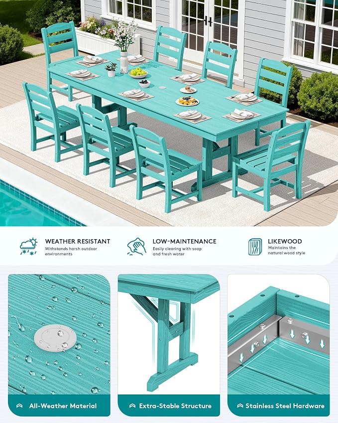 SERWALL 9 Piece 84" HDPE Outdoor Dining Set for 8 with Armless Chairs and Umbrelle Hole, Aruba