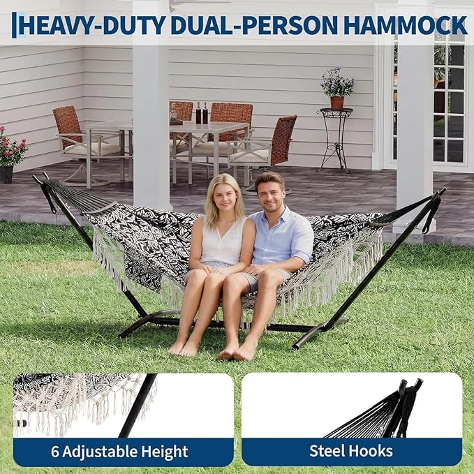 Portable Double Hammock with Stand, 450 lb Capacity Heavy Duty 2-Person Hammock Bed with Decorative Lace, Large Comfortable Outdoor Hammock for Patio, Backyard, Poolside, Easy Tool-Free Assembly