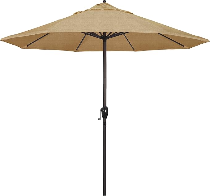 California Umbrella 12-Year Protection 9-Ft Outdoor Patio Umbrella, Sunbrella Fade-Resistant Acrylic Fabric, Auto Tilt and Crank, Heavy-Duty Aluminum Frame/Reinforced Ribs, Bronze Pole, Linen Sesame
